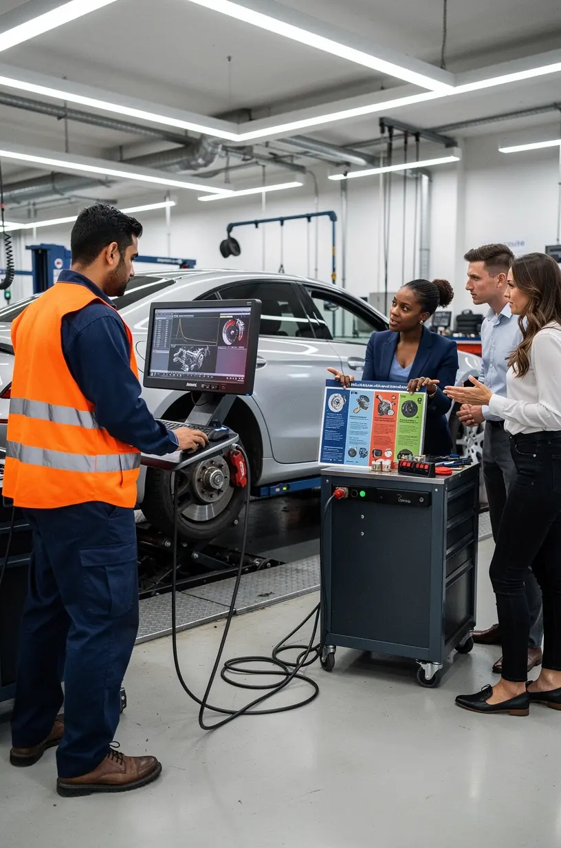 Techniker in moderner Werkstatt, der die Fahrzeugaufhängung mit spezialisierten Messgeräten kontrolliert.