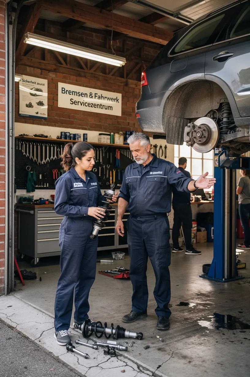 Fahrzeug auf Hebebühne, während ein Fachmann die Stoßdämpfer auf Verschleiß und Schäden untersucht.